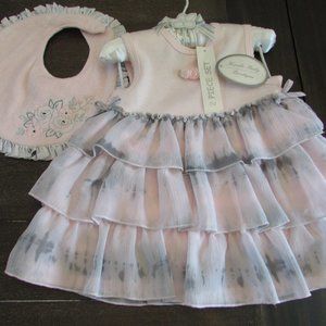 Koala Baby Boutique Chiffon Ruffles Girls Party Dress 3-6 months Pink Grey Bib